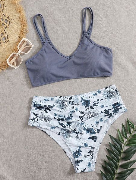 

plus floral rib ruched high waisted bikini swimsuit l55m#, Black