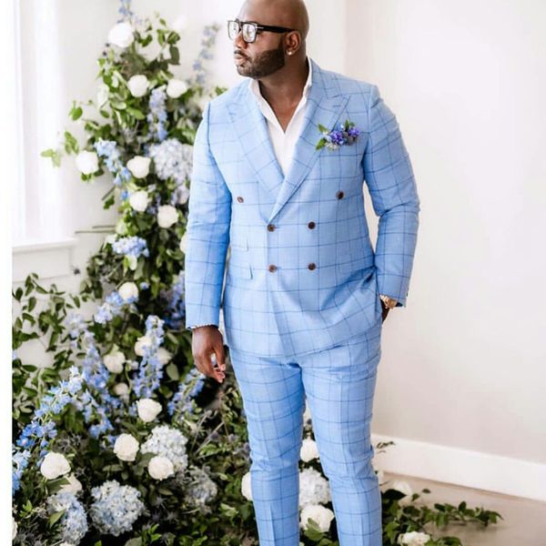 Céu feito sob medida Verificar Manta Mens Mens Suits 2 Peças Noivo Melhor Homem Calças Terno Fêmea Business Wedding Blazer (jaqueta + calças)