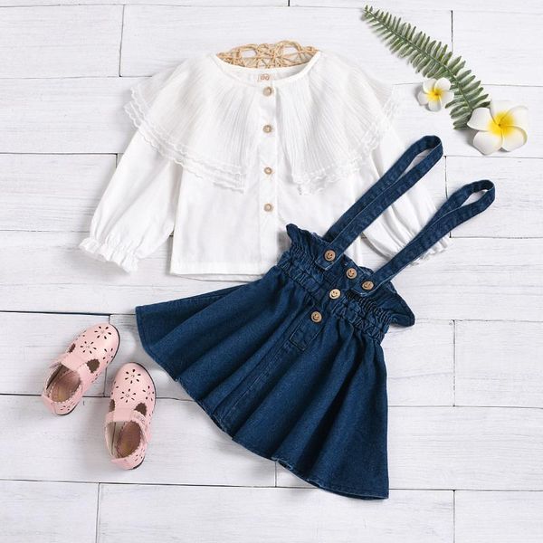 

baby girls sets lace blouse denim suspender skirt1, White