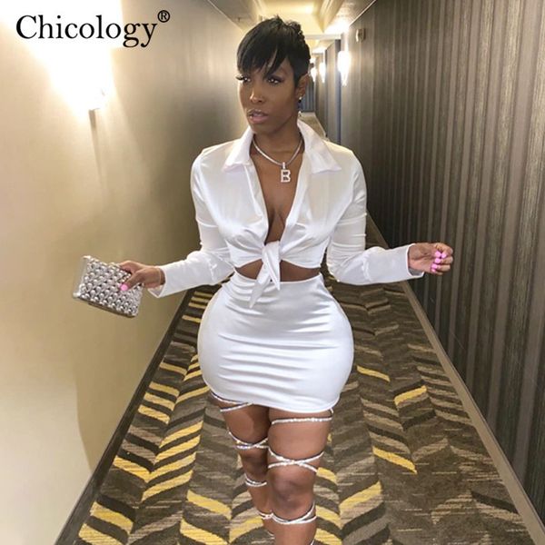 

chicology women silky satin 2 two piece set lace up long sleeve crop high waist mini skirt autumn winter lady clothes 201008, White