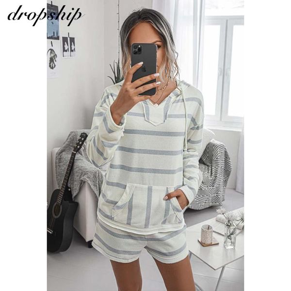 

autumn striped home suit long sleeve hooded tee and shorts loose 2020 women set autumn casual two piece sets lounge wear, Gray