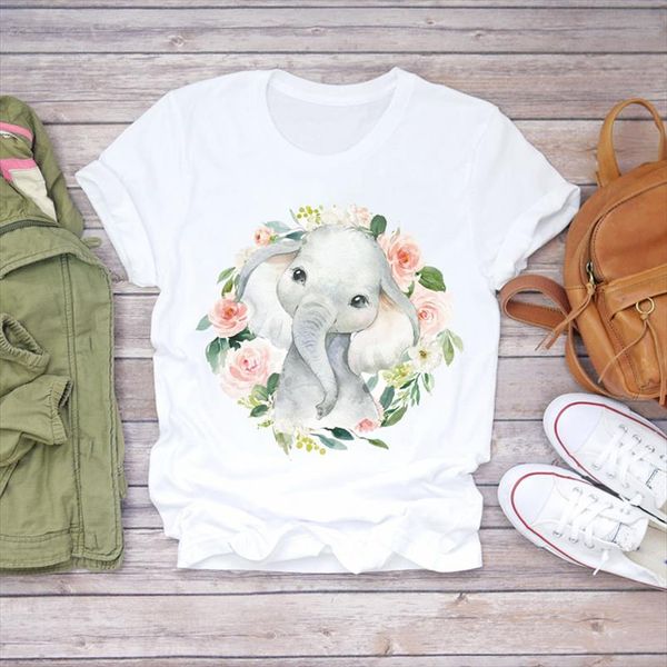 

women elephant flower floral cartoon 90s style cute print lady t shirts womens graphic t shirt ladies female tee shirt, White