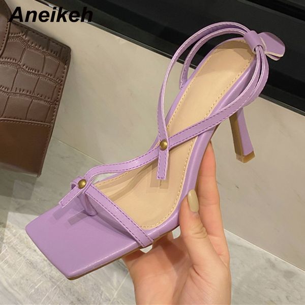 

aneikeh summer 2021 new fashion thin heels sandals t-tied thong shoes dress pu gladiator back strap solid shallow elegant black c0129