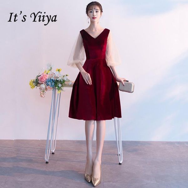 

elegant prom dresses it's yiiya ar339 three quarter sleeve vestido de gala v-neck burgundy formal dress knee length party gown1, White;black