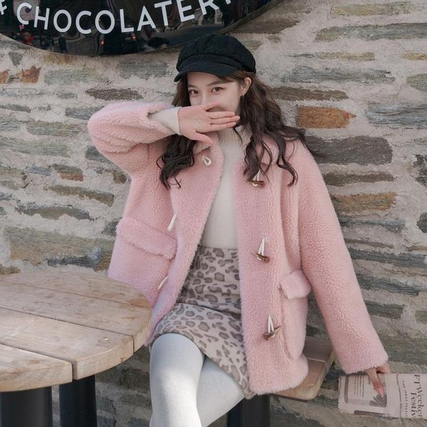 

women new autumn winter new korean thick horn button pocket lamb fur outwears vintage female warm plus size faux fur jacket coat, Black
