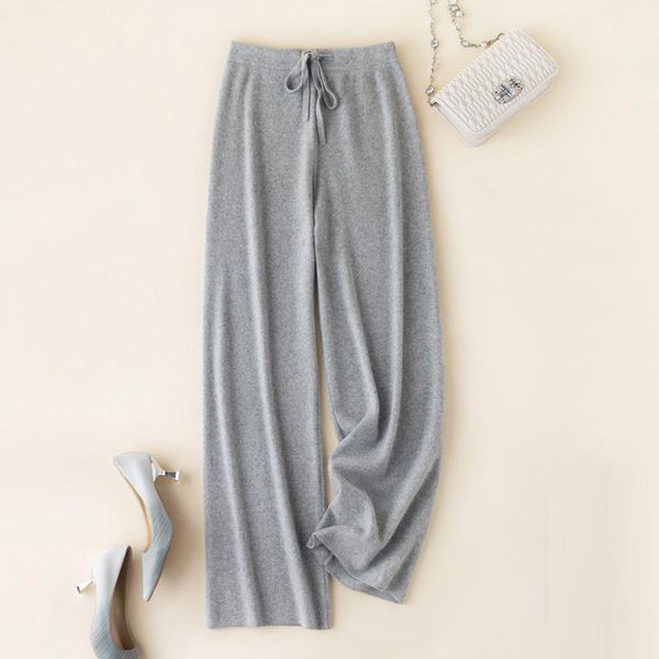 

women's mink cashmere knitting pants comfortable soft warm high elastic wool trousers wide leg pants1, Black;white