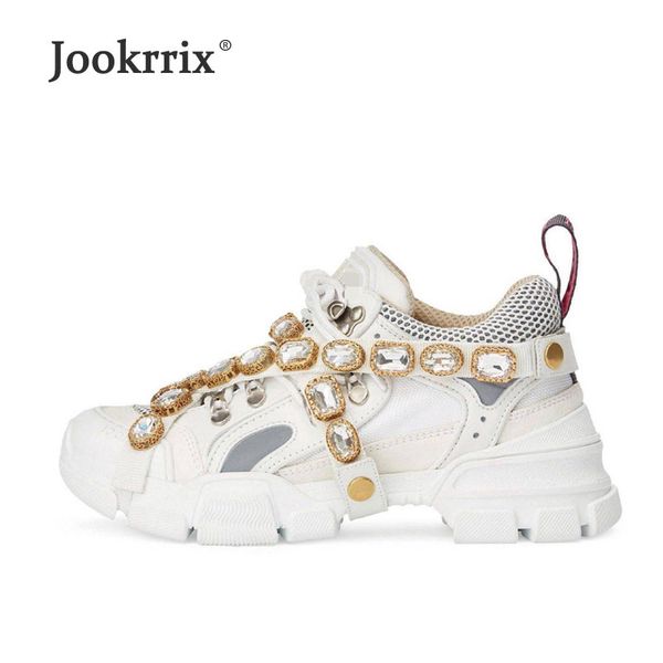 

jookrrix casual white shoes crystal brand platform sneakers lady fashion chaussure breathable female autumn footware rhinestone c1120, Black