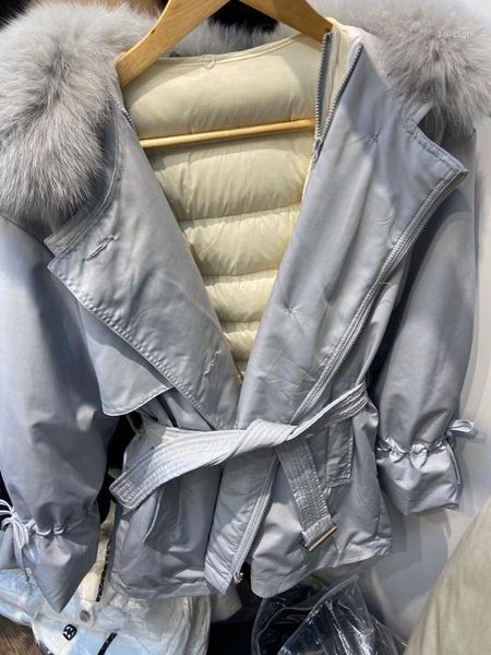 

winter women chic fashion with belt buttons fur collar down coat female bow tie sleeve zipper down jacket girls chic outerwear1, Black