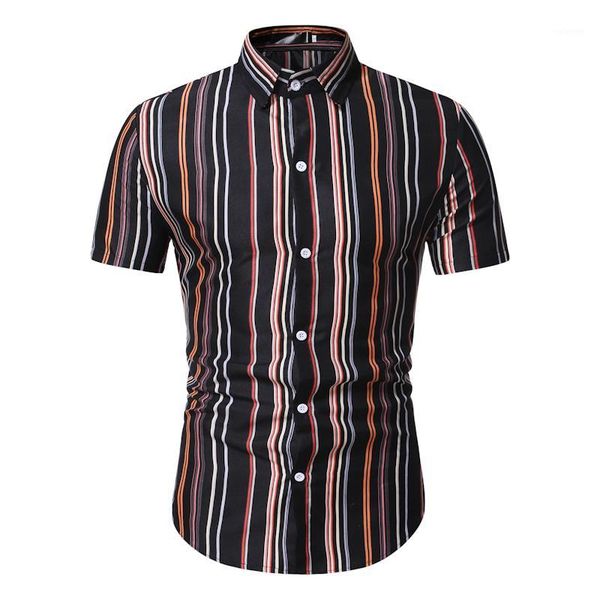 

2020 new men's stripe leisure hawaiian shirt short sleeve slim men's summer fashion single breasted tw401, White;black