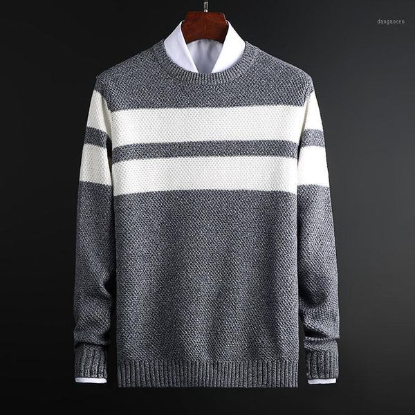 

mens autumn casual sweaters cotton knitted solid color stripe pattern slim sweaters long sleeve round collar male warm pullovers1, White;black