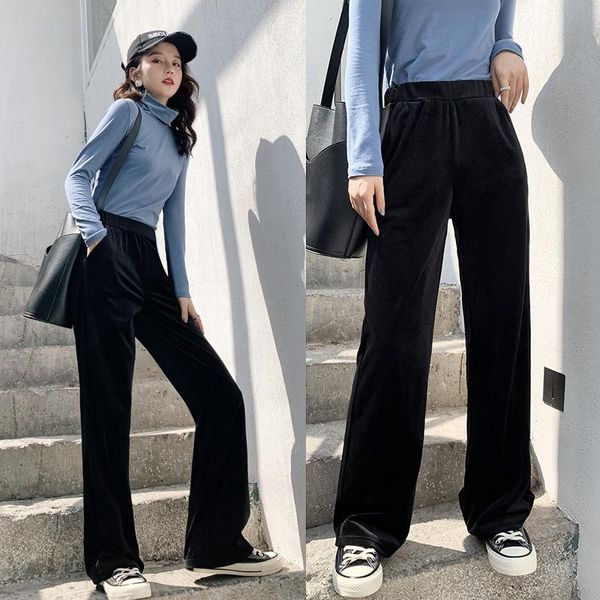 

women's pants & capris women loose wide leg spring autumn solid high waist elastic simple casual office lady straight pleated long trou, Black;white
