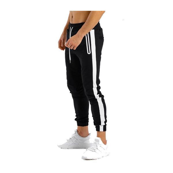 

mens joggers zipper pockets pants cotton side stripes casual sweat pants men gyms fitness sweatpants sport trousers ropa hombre, Black