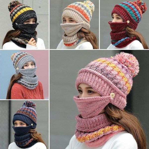 

beanie/skull caps 3pcs/set winter cap woman pompon knitted hat neck mask pom plush neckwarmer women scarves beanies w x0l1, Blue;gray