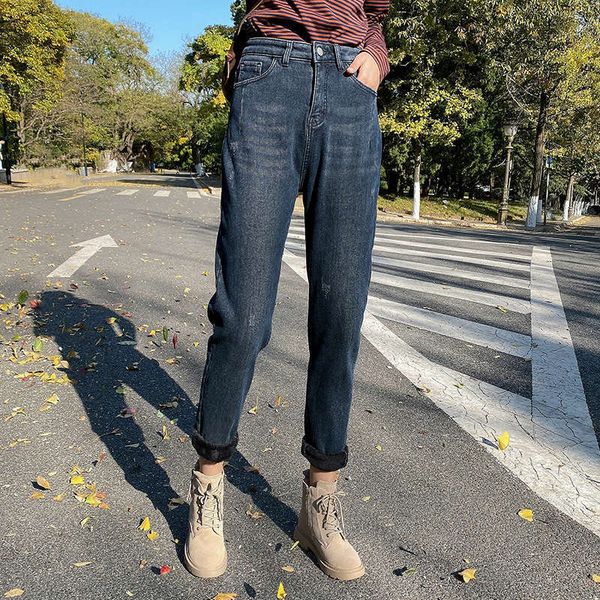 

plush jeans women's autumn and winter new style high waisted slim little feet elastic cigarette tube dad thickened warm pants, Blue