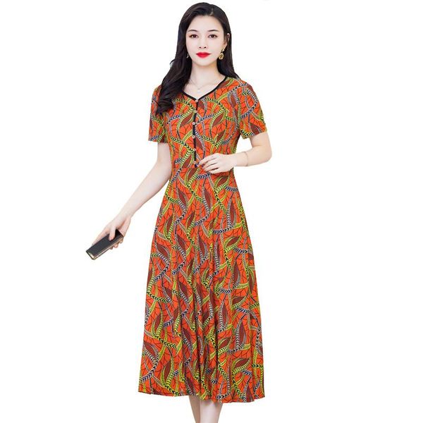 

dresses casual vintage clothing flowers dress print new v-neck short sleeve women for female 2020 summer polyester, Black;gray