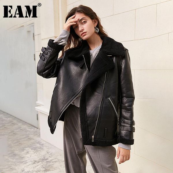 

eam] loose fit pu leather spliced lambswool jacket new lapel long sleeve women coat fashion tide autumn winter 2021 1dd29351, Black;brown
