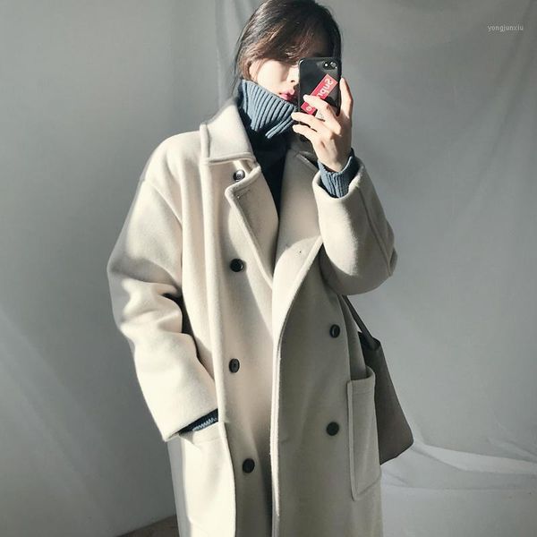 

women's woolen coat manteau femme hiver 2020 autumn and winter long section double breasted windbreaker creamy-white black coats1