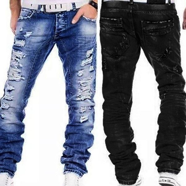 

men's jeans straight denim hip hop hole destroyed long casual daily trousers men four season plus size, Blue