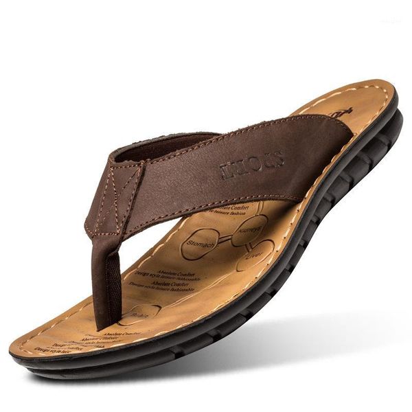 

slippers summer men genuine leather flip-flops beach shoes no-slip men's casual rubber sandals oudside slides male footwear 2.51, Black