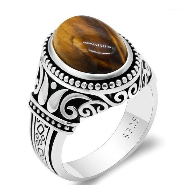 

tiger eyes stone mens ring 925 sterling silver vintage oval natural stone turkish thai silver jewelry to male women gift1, Golden;silver