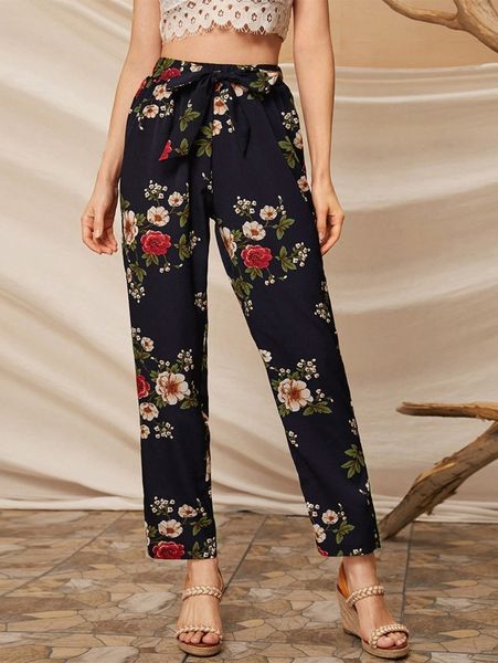 

floral print belted straight leg pants c0aa#, Black;white