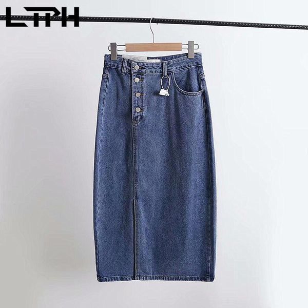 

ltph korean elegant high waist solid mid-long women skirt vintage single-breasted plus size denim skirts 2020 autumn winter new, Black