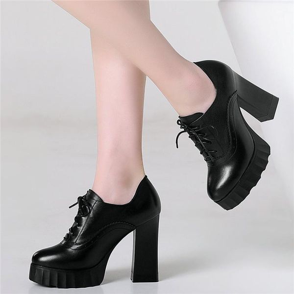 

boots women lace up cow leather chunky high heels ankle round toe punk goth party platform pumps laddy office shoes casual shoes1, Black