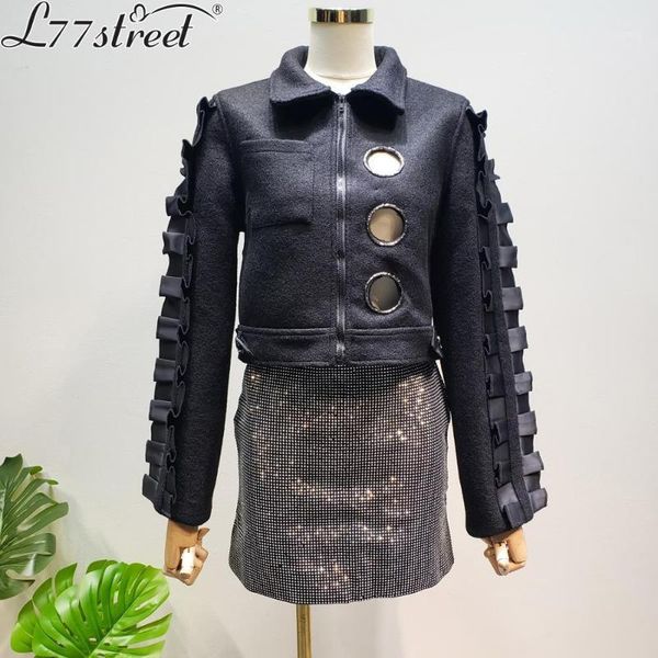 

l77street winter high waist ring hole webbing sleeve whort black thick composite wool woolen coat1