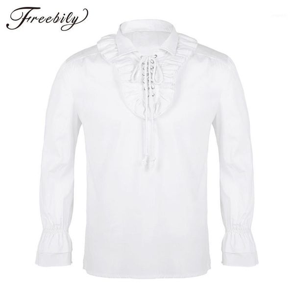 

men turn-down collar long sleeve lace-up front ruffled tuxedo shirts gothic steampunk victorian pirate cosplay shirt1, White;black