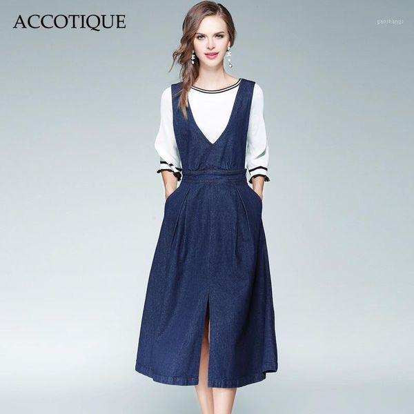 

new autumn womens fashion solid slash neck slim white knitted sweater + denim dress 2pieces sets conjunto feminino1, White;black