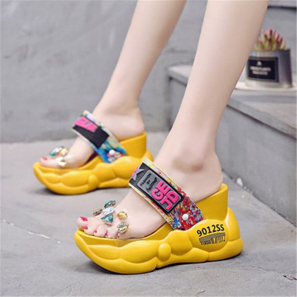 

2021 new of summer women 11 in high-fashion heel sandals chunky casual shoes sweet beach light white crystal slippers es7z, Black
