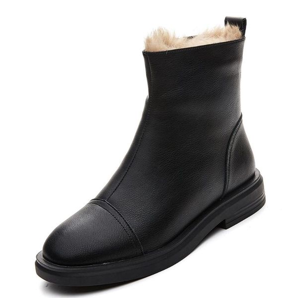 

genuine leather catchy fur warm classic ankle boots flat round toe side zipper soft leather low-heeled short boots, Black