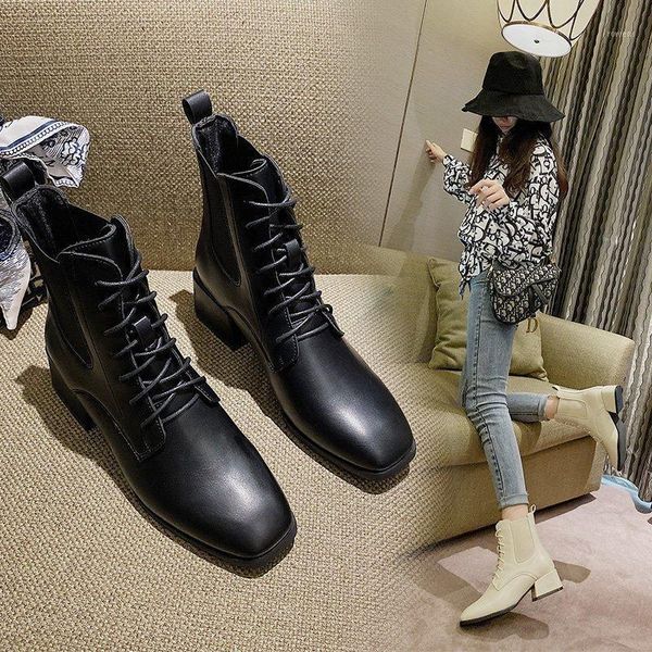 

2020 spring and autumn simple retro mid heel ankle boot female chunky heel square lacing ankle boot x4891, Black