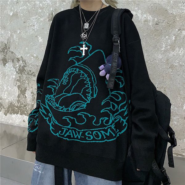 

2021 harajuku shark embroidered women autumn cotton loose round neck long sleeve thick cartoon sweater ht20, White;black