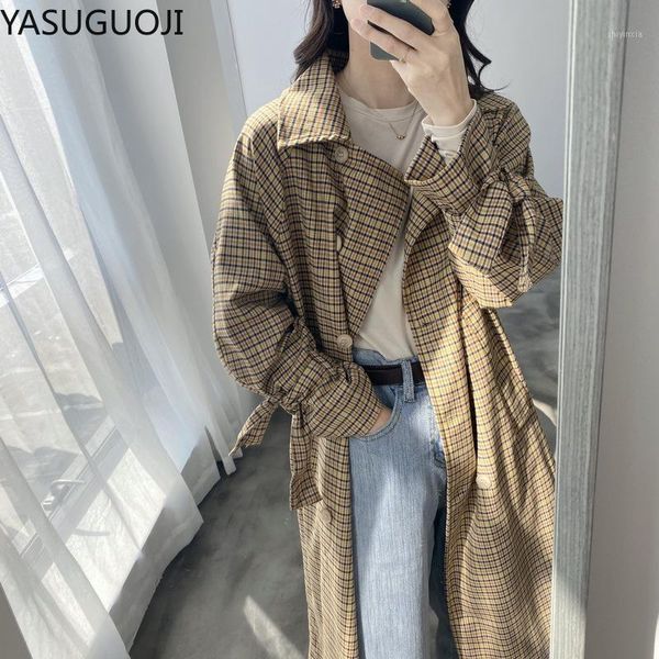 

yasuguoji 2020 new korean loose-fit long vintage double breasted plaid trench coat early spring coat women's1, Tan;black