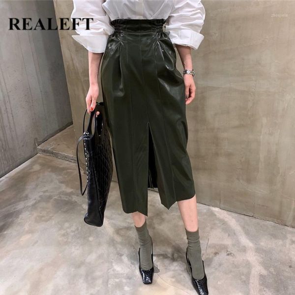 

realeft 2020 new autumn winter pu faux leather women long skirt high waist elegant front split mid-calf a-line wrap skirts lady1, Black
