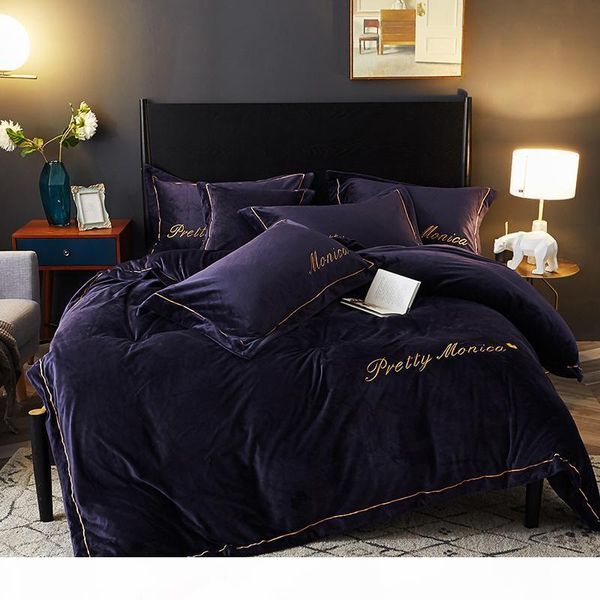 

velvet fleece black purple bedding sets heavyweight warm for winter  king size embroidery ultra soft duvet cover bed sheets