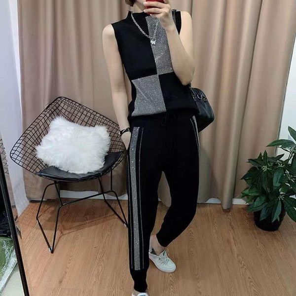 

2020 summer two piece set women fashion sleeveless vest rhinestone 2 piece set women high waist casual knitted tracksuit women, Gray