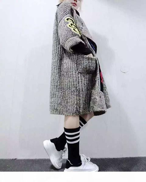 

new women individuality appliques long cardigans fashion thick knitted sweater coat women's sweater shawl and ponchos, White;black