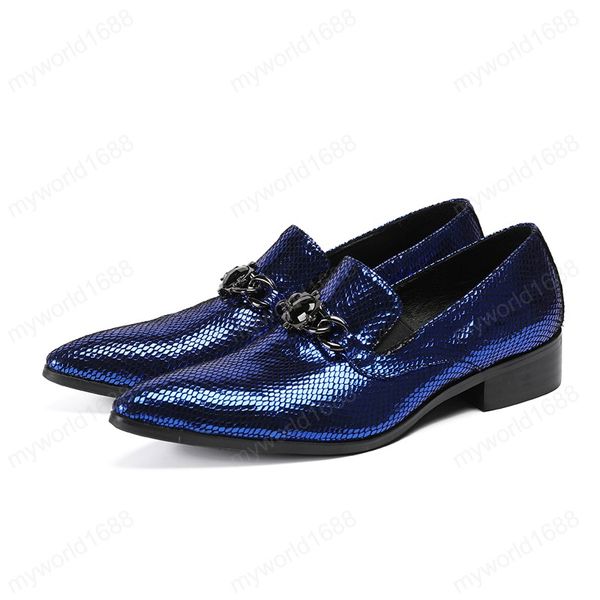 

fashion italian office men dress shoes blue patent leather men shoes party wedding slip on metal toes men flat loafer, Black