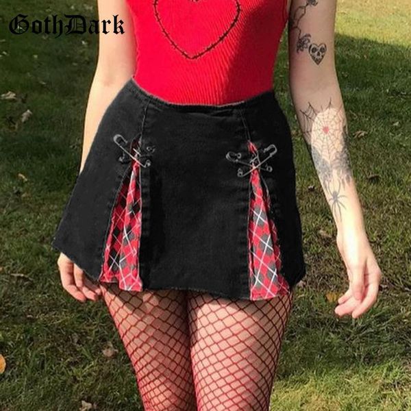 

goth dark plaid print a-line gothic skirts mall goth y2k black high waist egirl mini skirt women pin patchwork emo clubwear