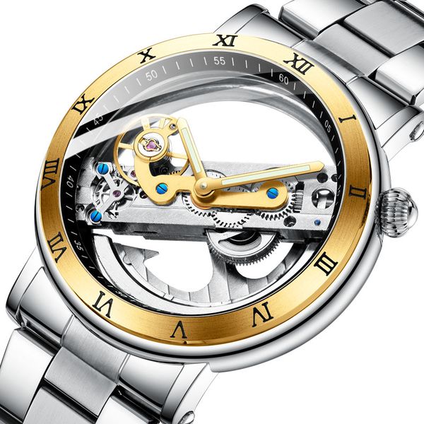 

forsining double side transparent tourbillion silver steel mechanical steampunk creative automatic watch, Slivery;brown