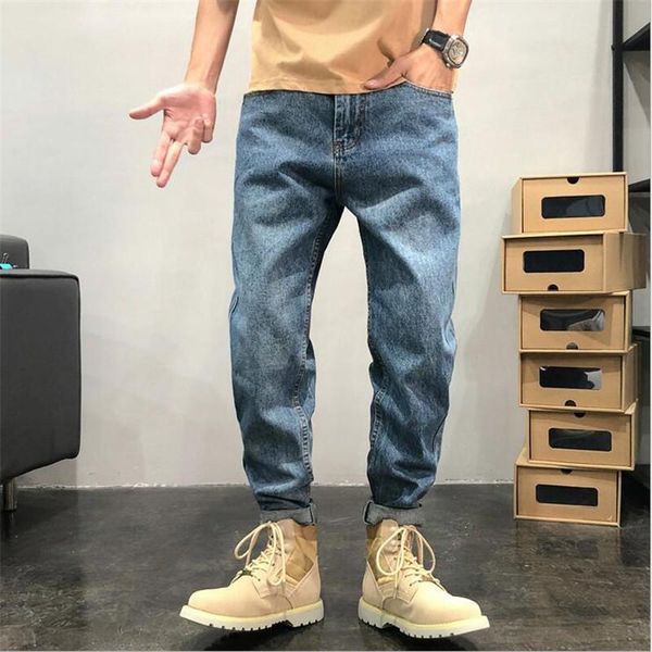 

men's jeans men straight leg pants button waist teenager casual elastic clothes hip hop wide long retro, Blue
