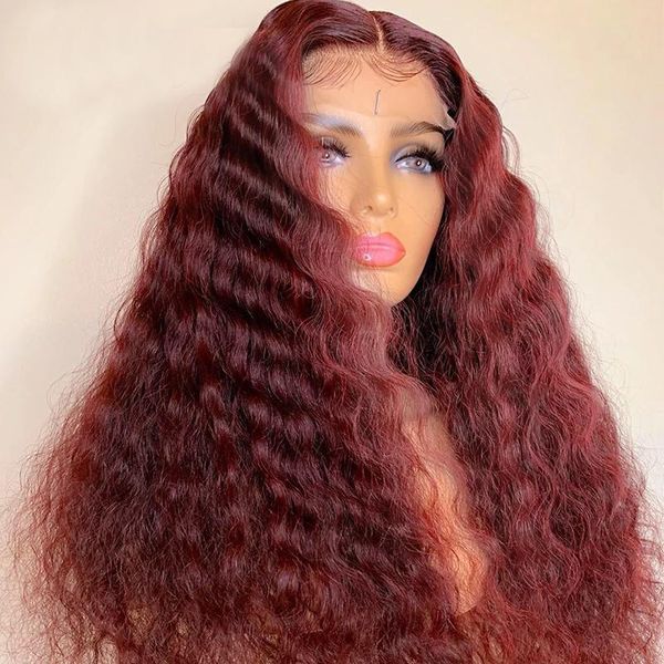 

13x4 lace front human hair wigs 99j color peruvian virgin hair wigs natural hairline cuticle deep curly human wig, Black;brown