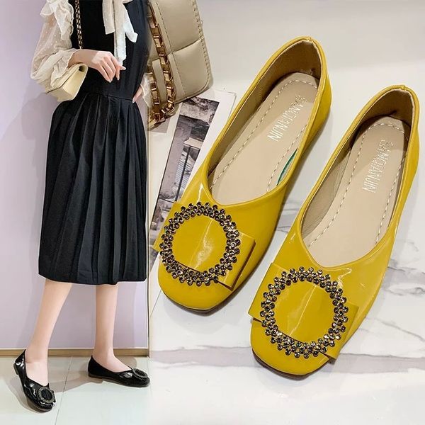 

plus size 35 42 women flats rhinestone slip on flat shoes woman loafers patent leather boat shoes comfort black yellow 8528n #tc91