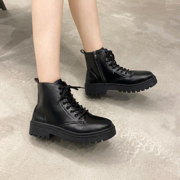 

2020 winter fashion women's boots lace up calf round head women's boots black mid heel square heel pu women shoes pu1