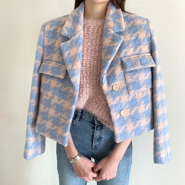 

women's wool & blends stylish checked print woolen jackets cute streetwear women fashion coats outerwear t233, Black
