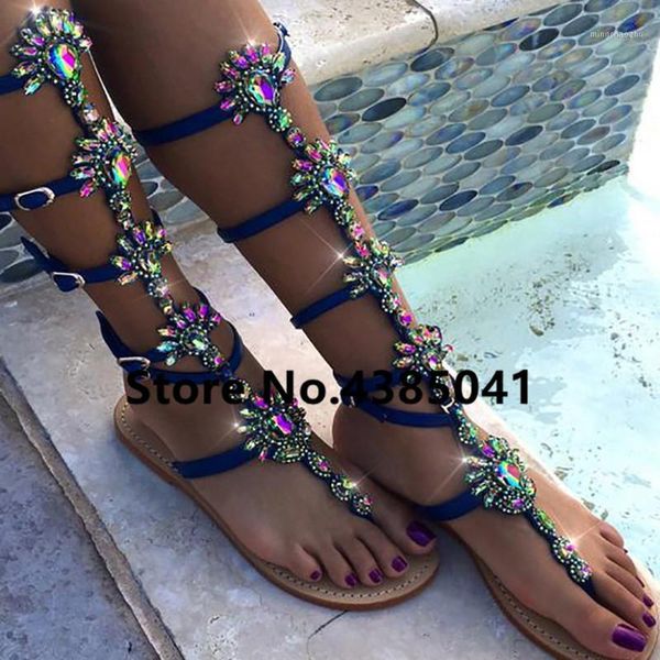 

sandals bohemia style summer flats sandal gladiator gold rhinestone knee high buckle strap woman boots crystal beach shoes plus size 431, Black