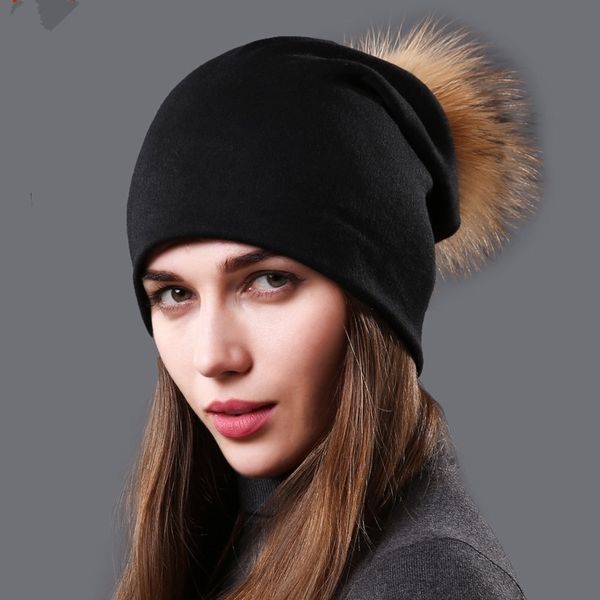 

nuzada winter hat women real fur pom pom hat cotton knitted hats double cloth warm beanies hat lady fashion ski caps y200102, Blue;gray