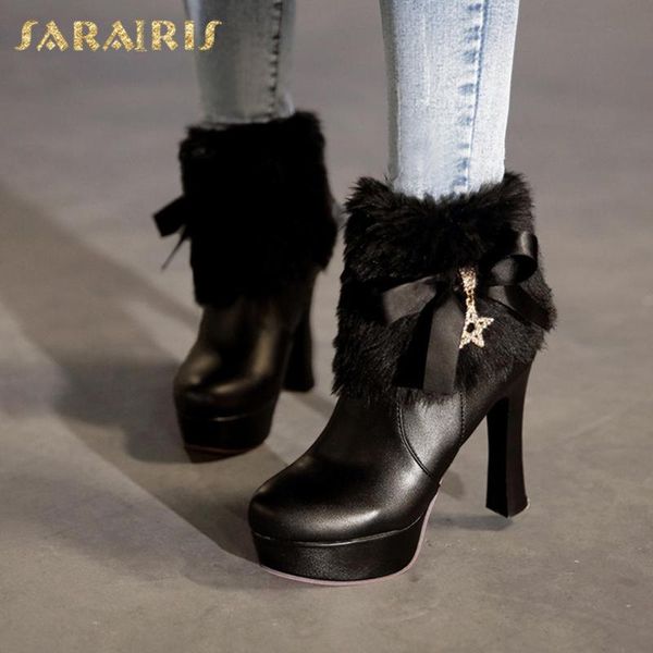 

boots sarairis 2021 design big size 43 high heels warm plush party shoes woman sweet bowtie platform crytals winter bootie, Black